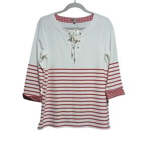 Talbots Womens Top Size S White Red Striped 3/4 Sleeve‎ Lace Up Gingham